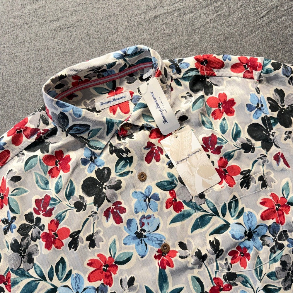 Tommy Bahama Tropicana Blooms Silk Floral Shirt Mens Large Storm Gray NWT